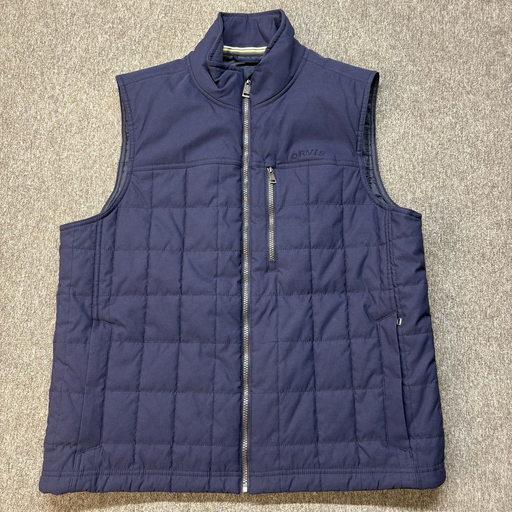 Orvis Men's Puffer Vest Large Outdoor Hiking Camping Full Zip Jacket Blue